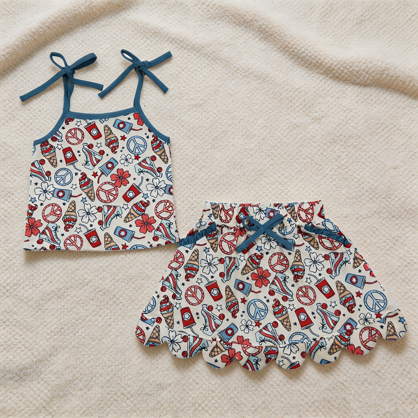 GSD3827 RTS NO MOQ （In stock）Straps floral ice cream top skirt girls 4th of july outfits