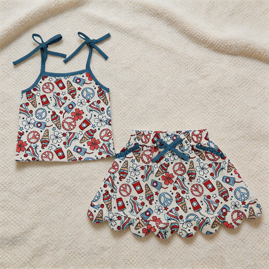 GSD3827 RTS NO MOQ （In stock）Straps floral ice cream top skirt girls 4th of july outfits