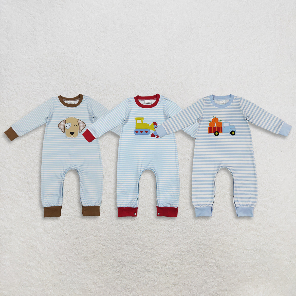 RTS NO MOQ Sibling Embroidery Baby Boys Blue Stripe Valentines Footie Rompers