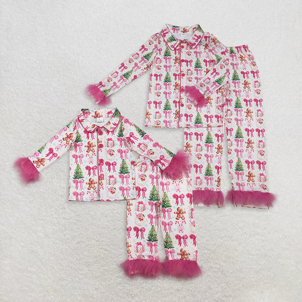 RTS Sibling Mom And Me Pajamas Sets Christmas Candy Cane Bow Fur Pajamas Button down Comfortable Sleepwear