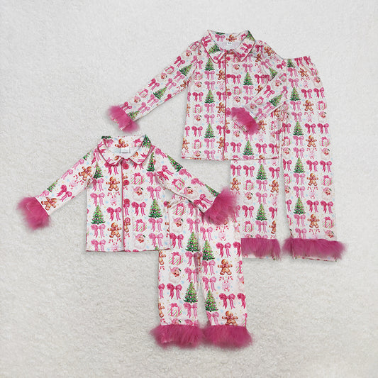 RTS Sibling Mom And Me Pajamas Sets Christmas Candy Cane Bow Fur Pajamas Button down Comfortable Sleepwear