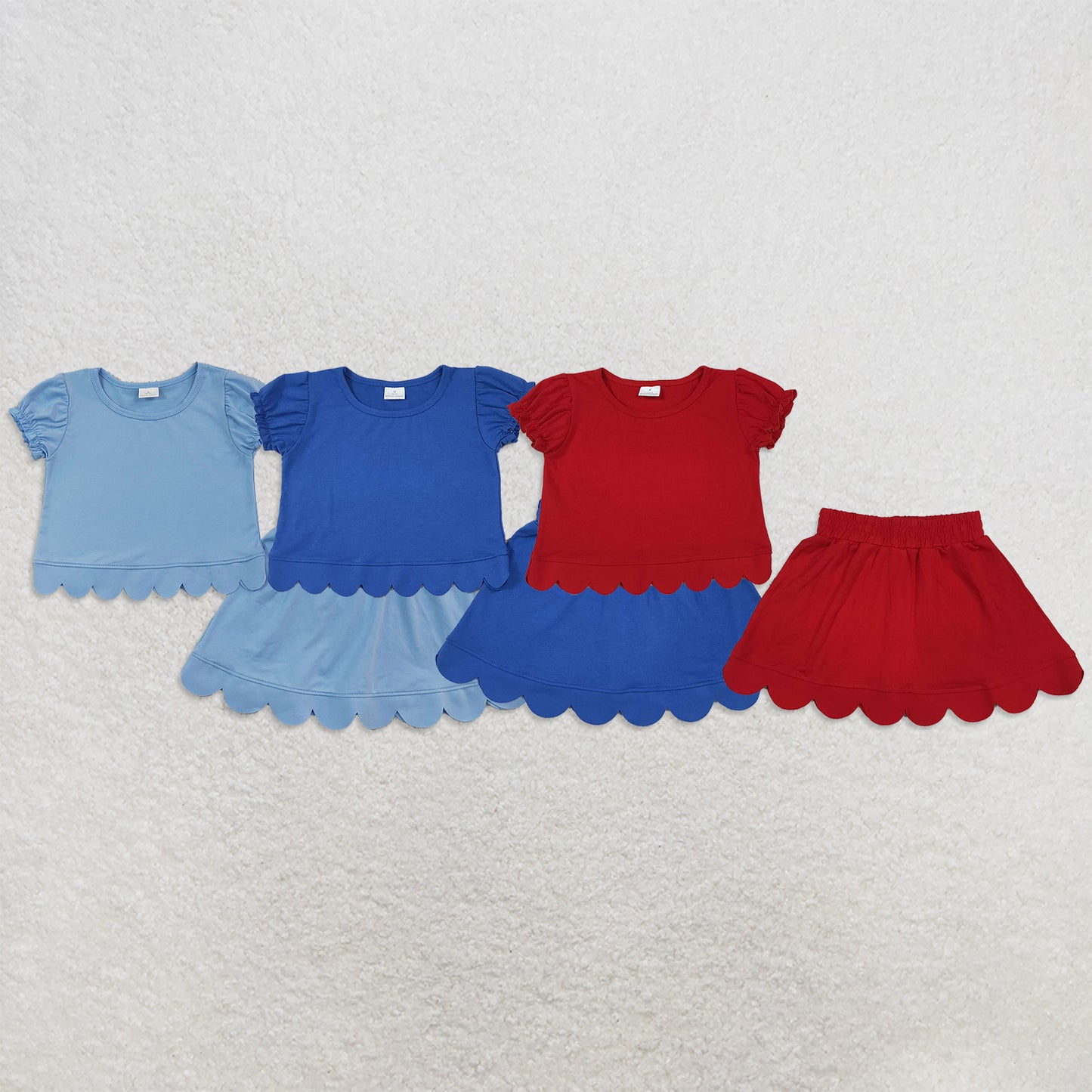 RTS Sibling Baby Girls Short Ruffle Sleeve Top Matching Scallop Skort Two Piece Clothes Set