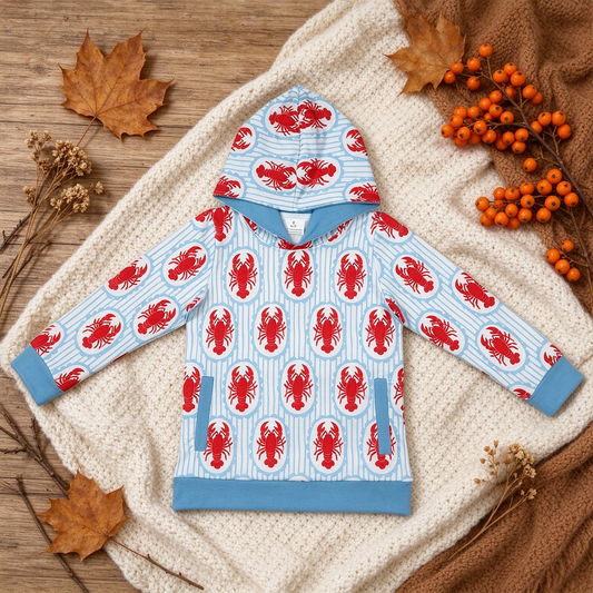 RTS NO MOQ （In stock）BT1974 milk silk Baby Boys Long Sleeve Blue Stripe Crayfishes Pockets Hoodies Top