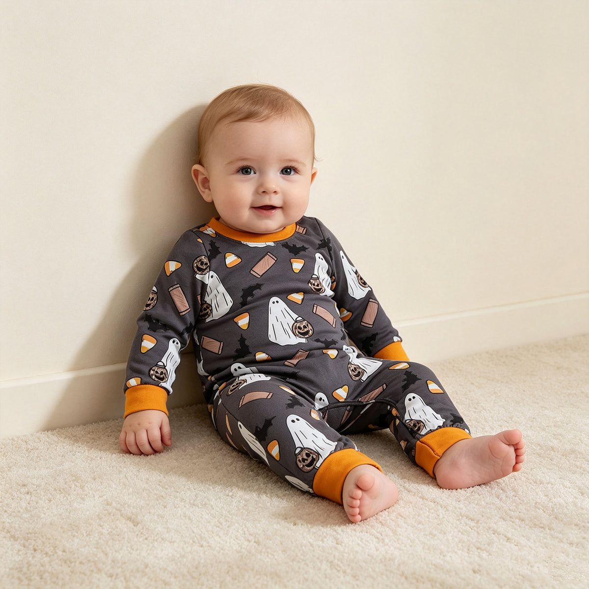 RTS NO MOQ （In stock）LR3241 milk silk Baby Boys Ghosts Pumpkins Halloween Long Sleeve Cute Fall Romper