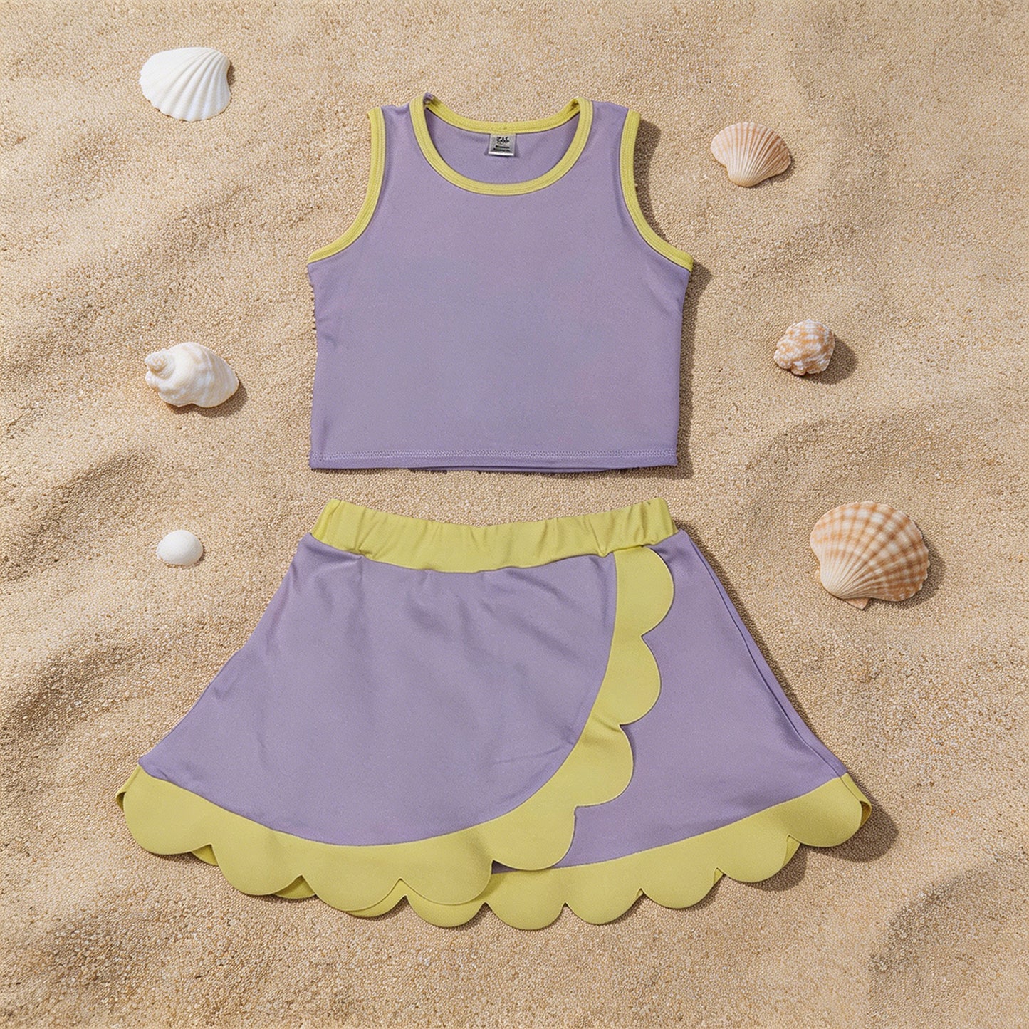 GSD4011 RTS NO MOQ （In stock ）Sleeveless lavender yellow scallop kids girls active wear set
