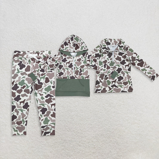RTS Sibling Baby Camouflage Hunting Hoodie Pants Set Long Sleeve Zip Pullover with Pockets Duck Dog Print for Children's Outdoor Clothing