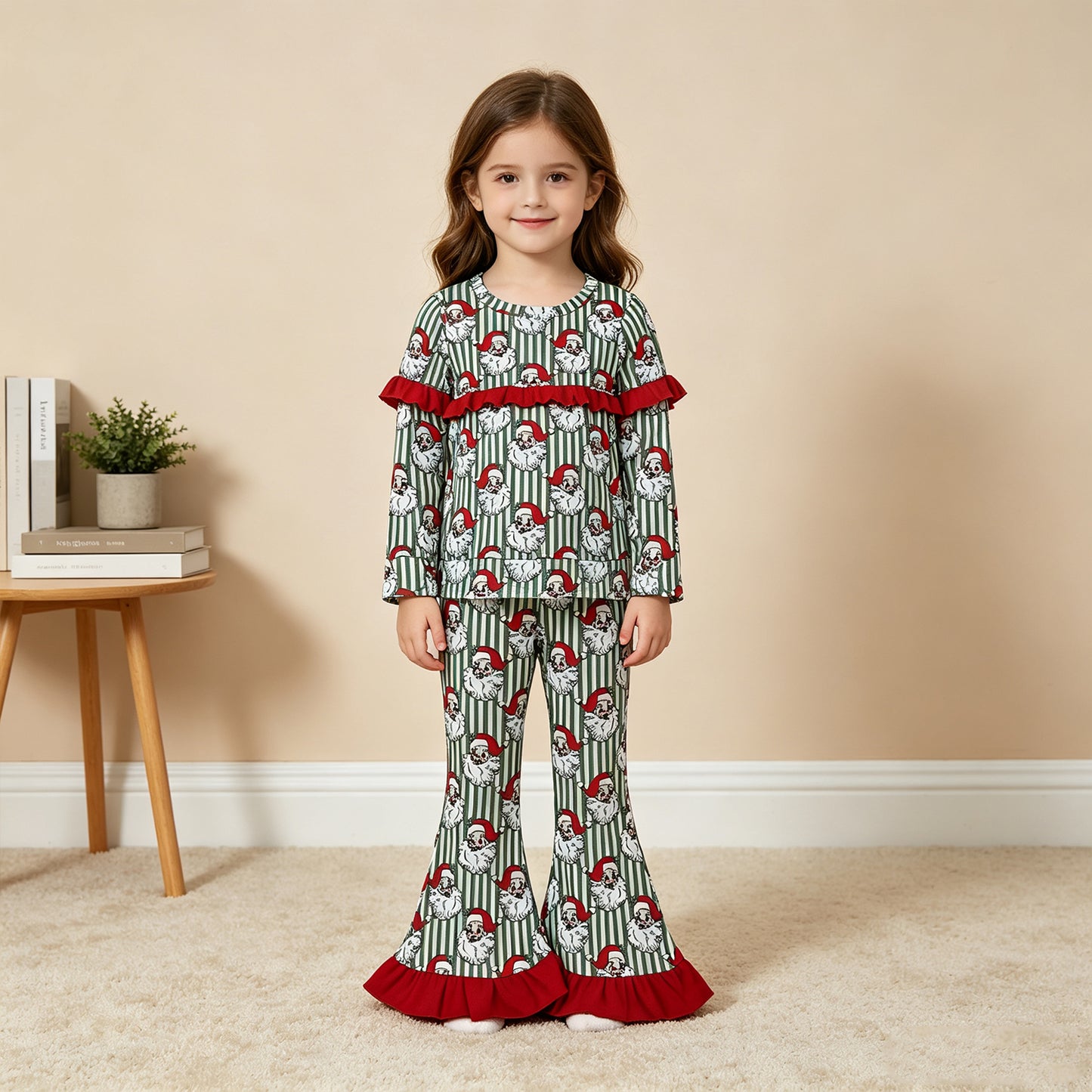 GLP3452 RTS NO MOQ （In stock）milk silk Baby Girls Santa Green Stripe Print Long Sleeve Top Bell Bottom Flare Pants Christmas Set