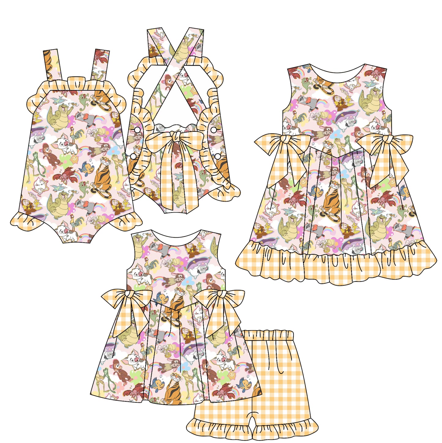 Girls Sleeveless Fish Tiger Tunic Yellow Plaid Shorts Set Summer Casual Comfortable Clothing Outfit for Kids