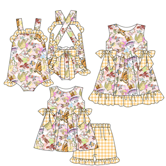 Girls Sleeveless Fish Tiger Tunic Yellow Plaid Shorts Set Summer Casual Comfortable Clothing Outfit for Kids