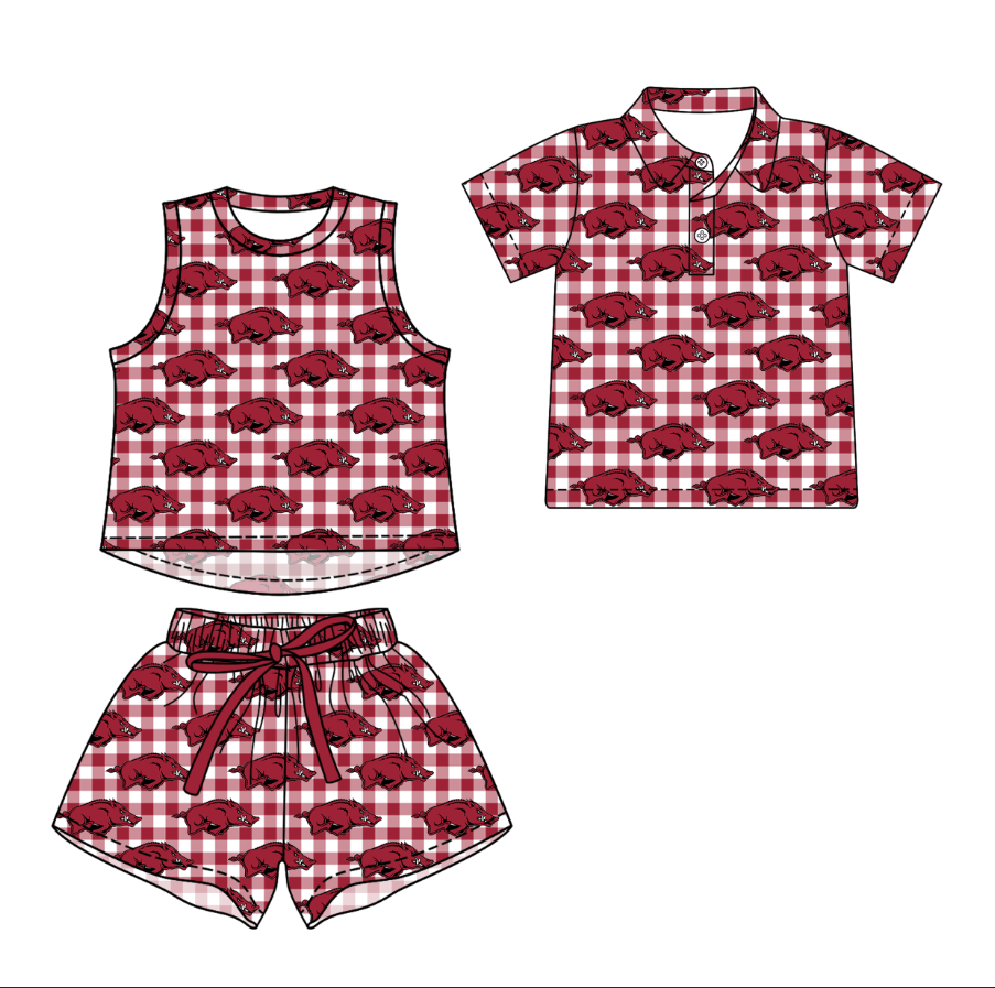 3.13 CUSTOM MOQ 5 Sibling Boys Baby Girls Summer Fashion Red Check Pig Sleeveless Top Shorts Button Polo Shirts Team Clothes Sets