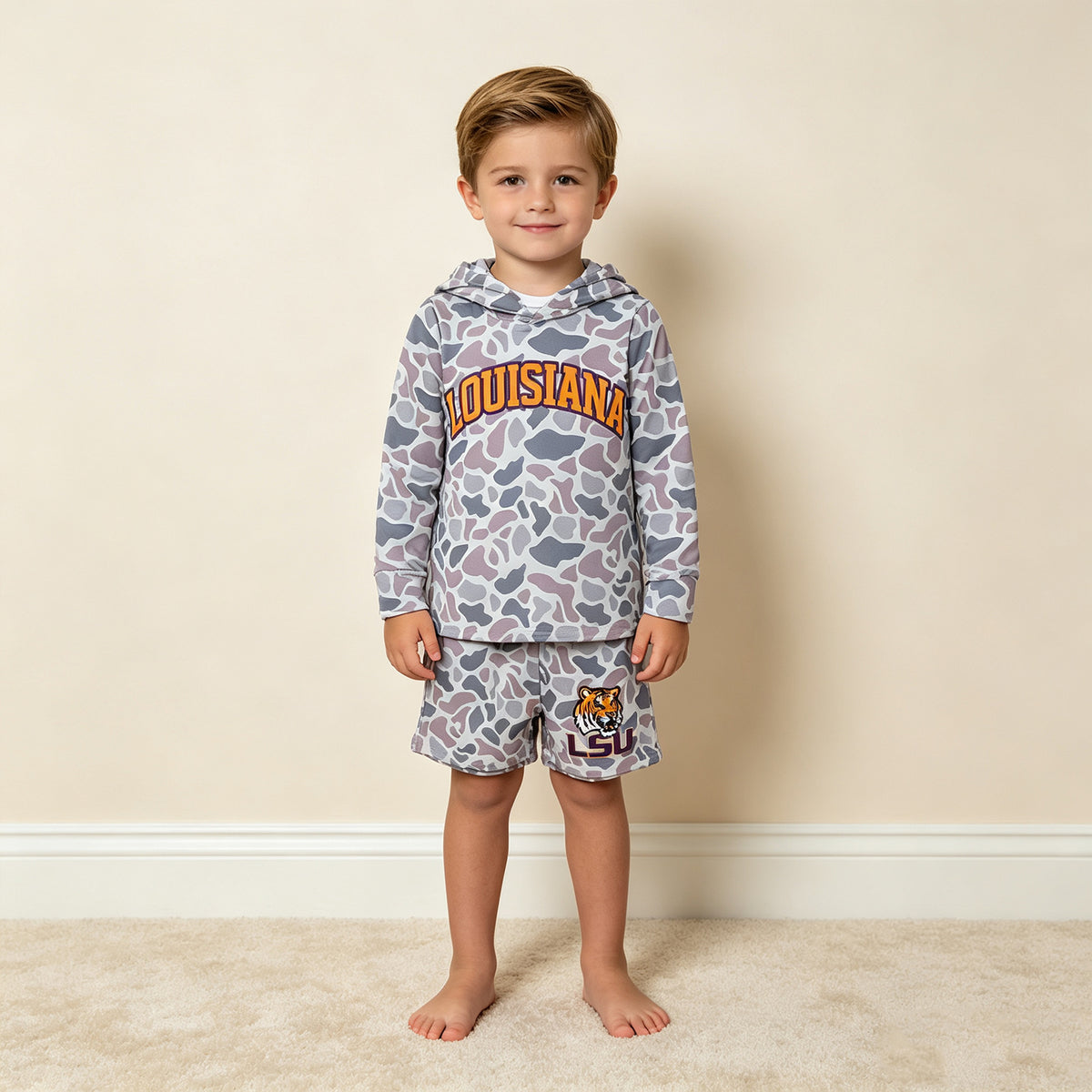 RTS NO MOQ milk silk BLS0045 milk silk Baby Boys Grey Camo  Long Sleeve Hoodie Short Team Clothes Set