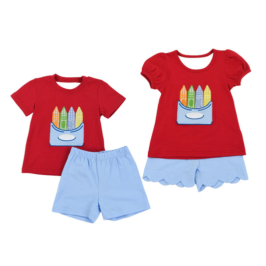 4.7 Pre order No Moq Baby Girls boys Pencils Tunic Scallop Short Back to School Clothes Set