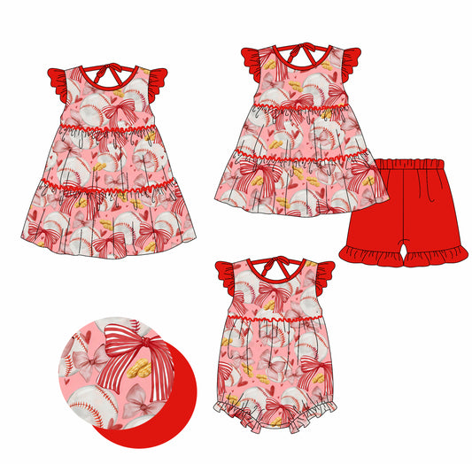 CUSTOM MOQ 5 Sibling Baby Girls Baseball Tunic Ruffle Shorts Clothes Set Knee Length Dress Rompers