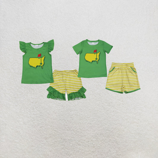 RTS Sibling Baby Boys Girls Green Stripes Golf Shirts Pockets Shorts Clothes Set