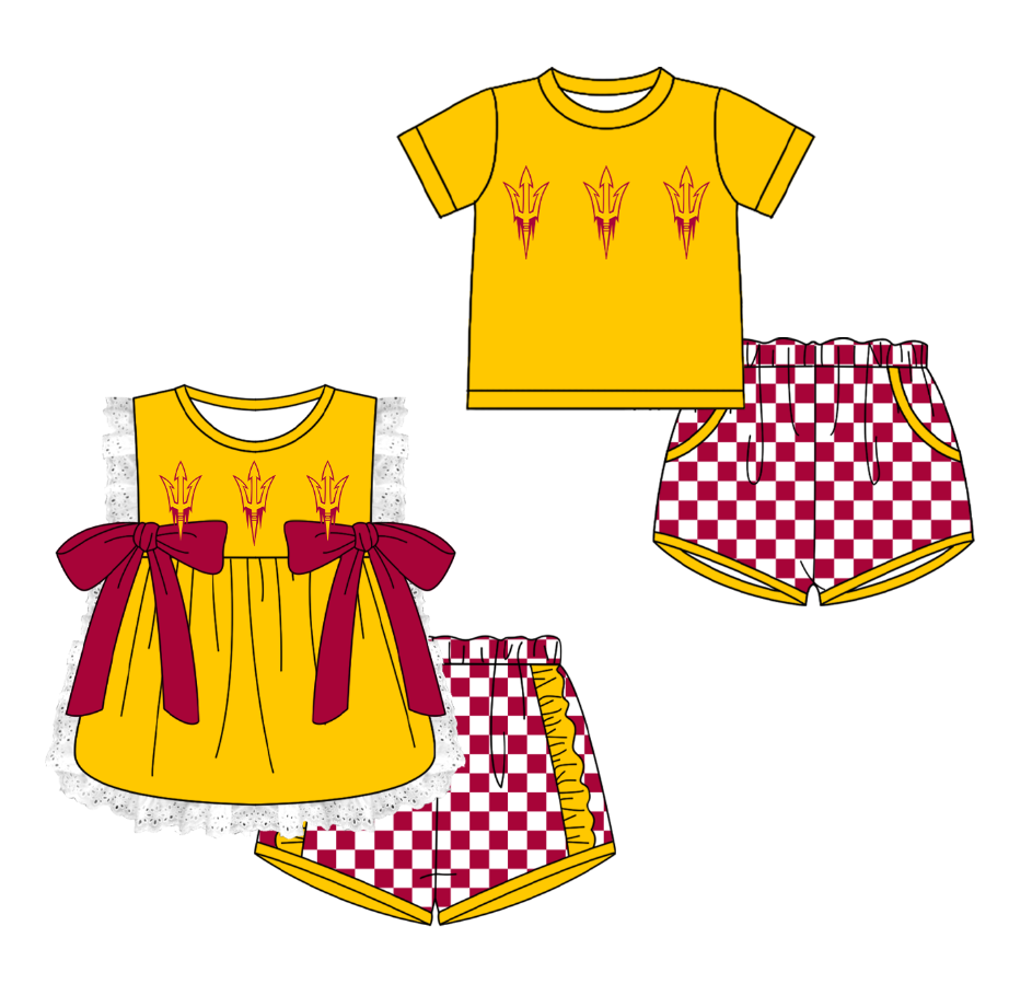 CUSTOM MOQ 5 Cute Comfortable Clothing For Kids Sibling Boys Baby Girls Summer Golden Bow Top Red Checked Shorts Team Clothes Sets