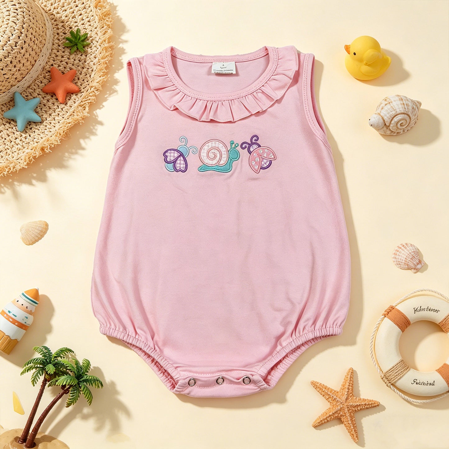 SR4037 RTS NO MOQ （In stock）Ruffle sleeveless bee snails embroidery baby girls romper
