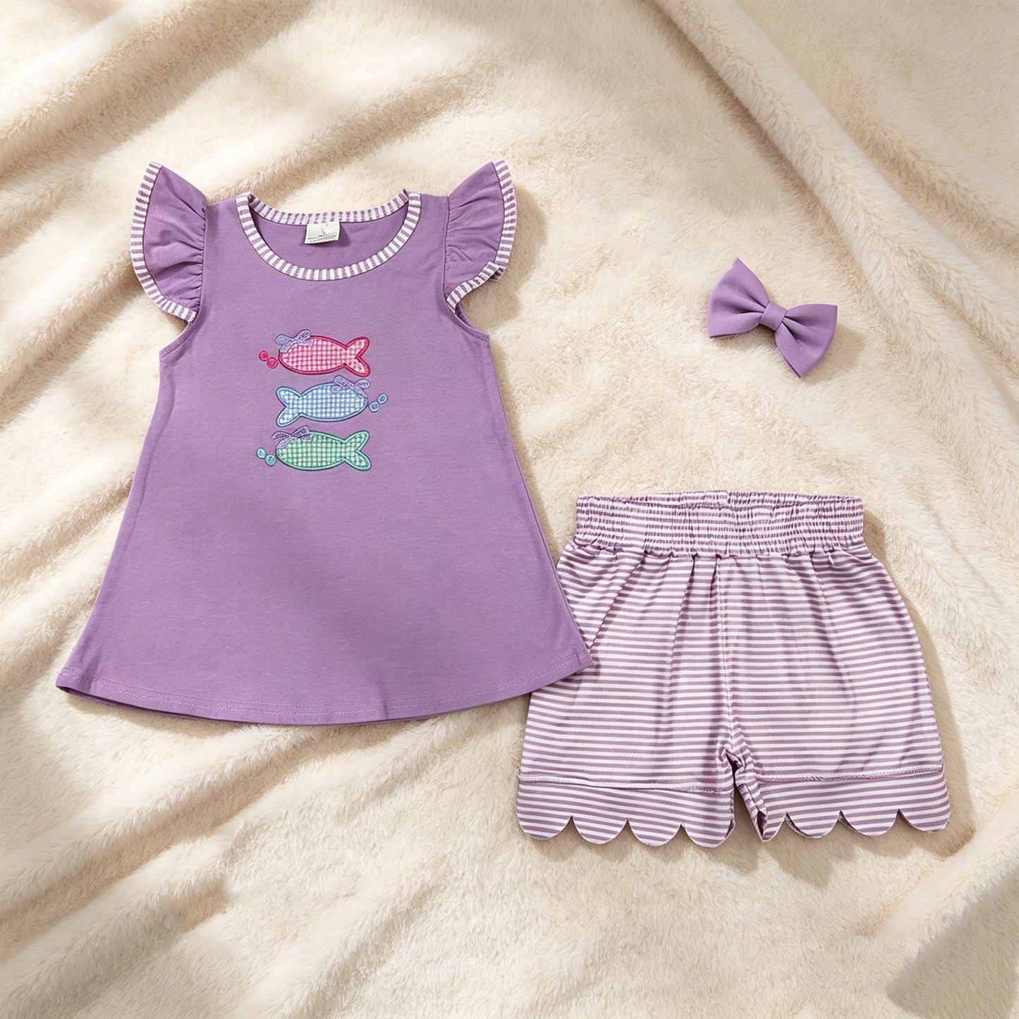 GSSO3242  RTS NO MOQ （In stock Baby Girls Embroidery Fishes  Tunic Scallop Stripe Shorts Hunting Clothes Sets