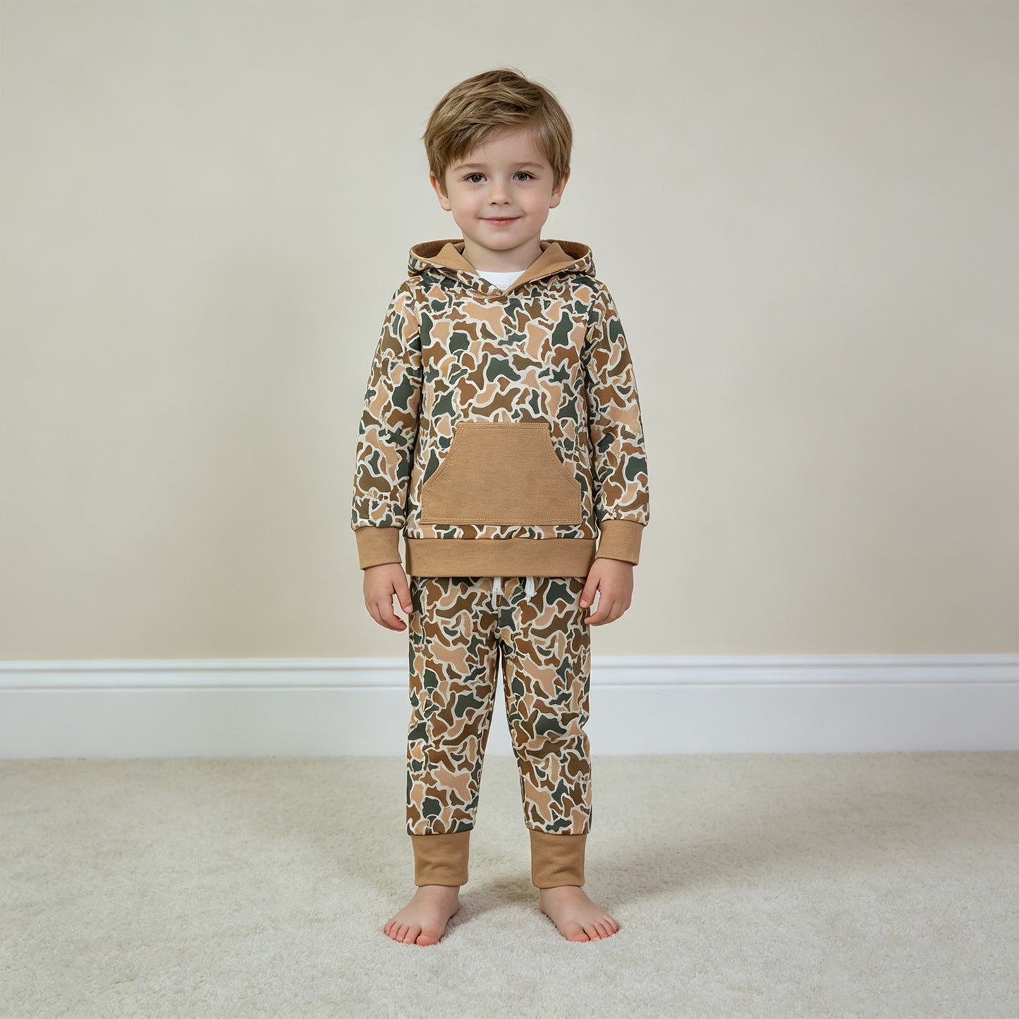 RTS NO MOQ （In stock） BLP1509 milk silk Baby Boys Khaki Camo Pocket Hoodie Jogger Pants Hunting Clothes Set