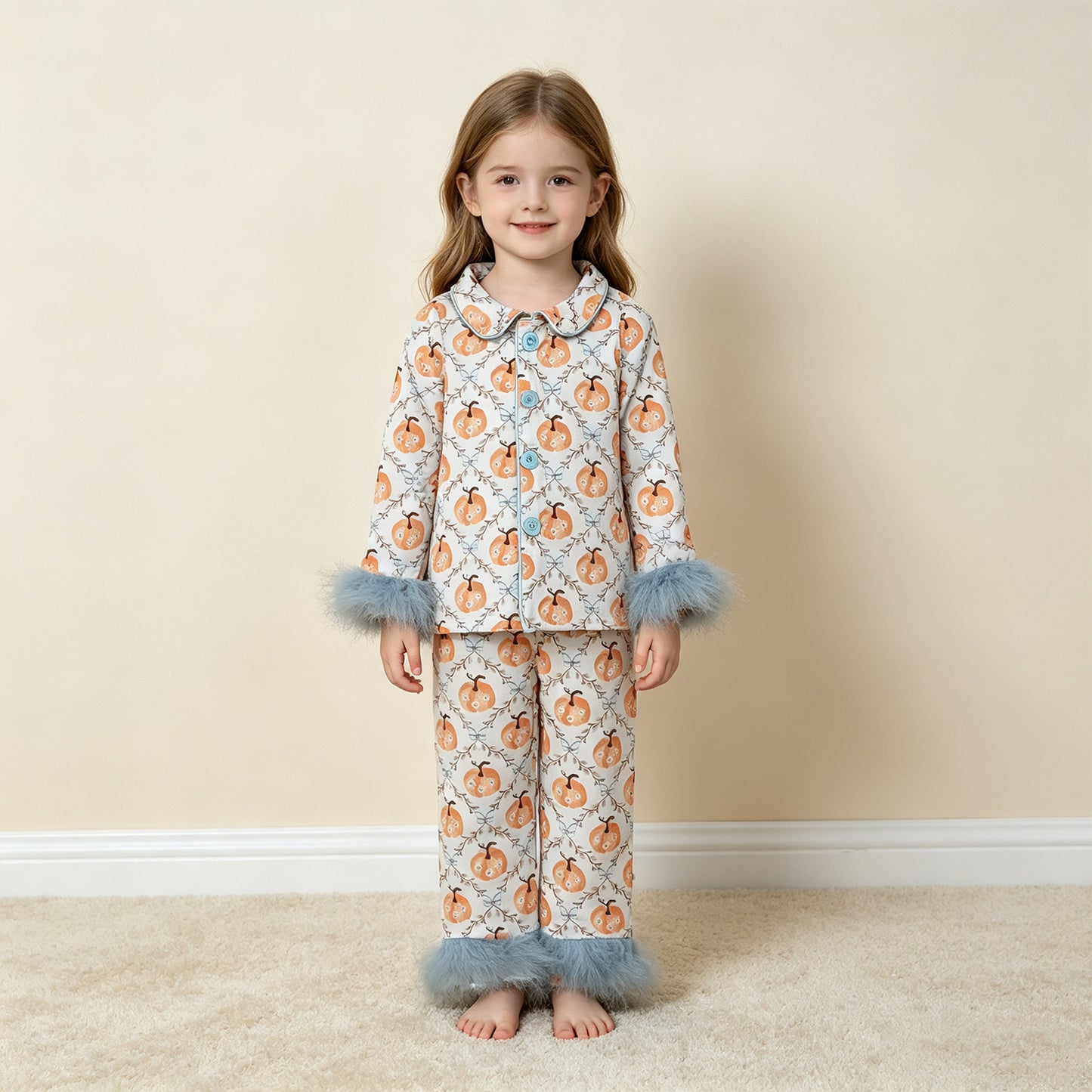 RTS NO MOQ （In stock）milk silk GLP3338  Baby Girls Floral Pumpkin Print Button Front Long Sleeve Top Elastic Waist Pants Fur Pajama Set