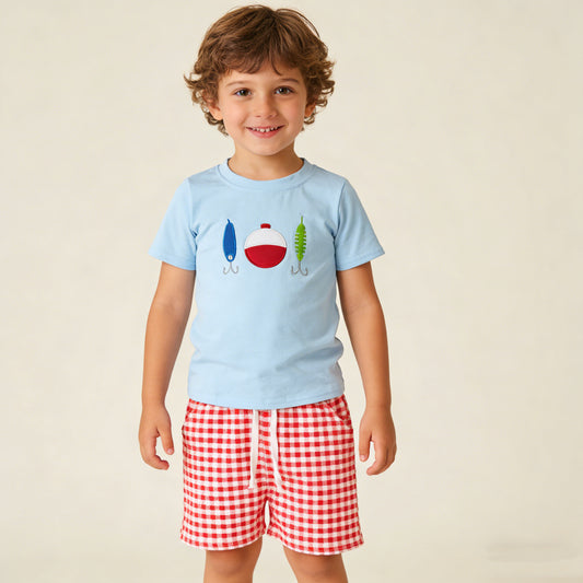4.8 BSSO1699 RTS NO MOQ （In stock ）Short sleeves fishing lure embroidery kids boys outfits