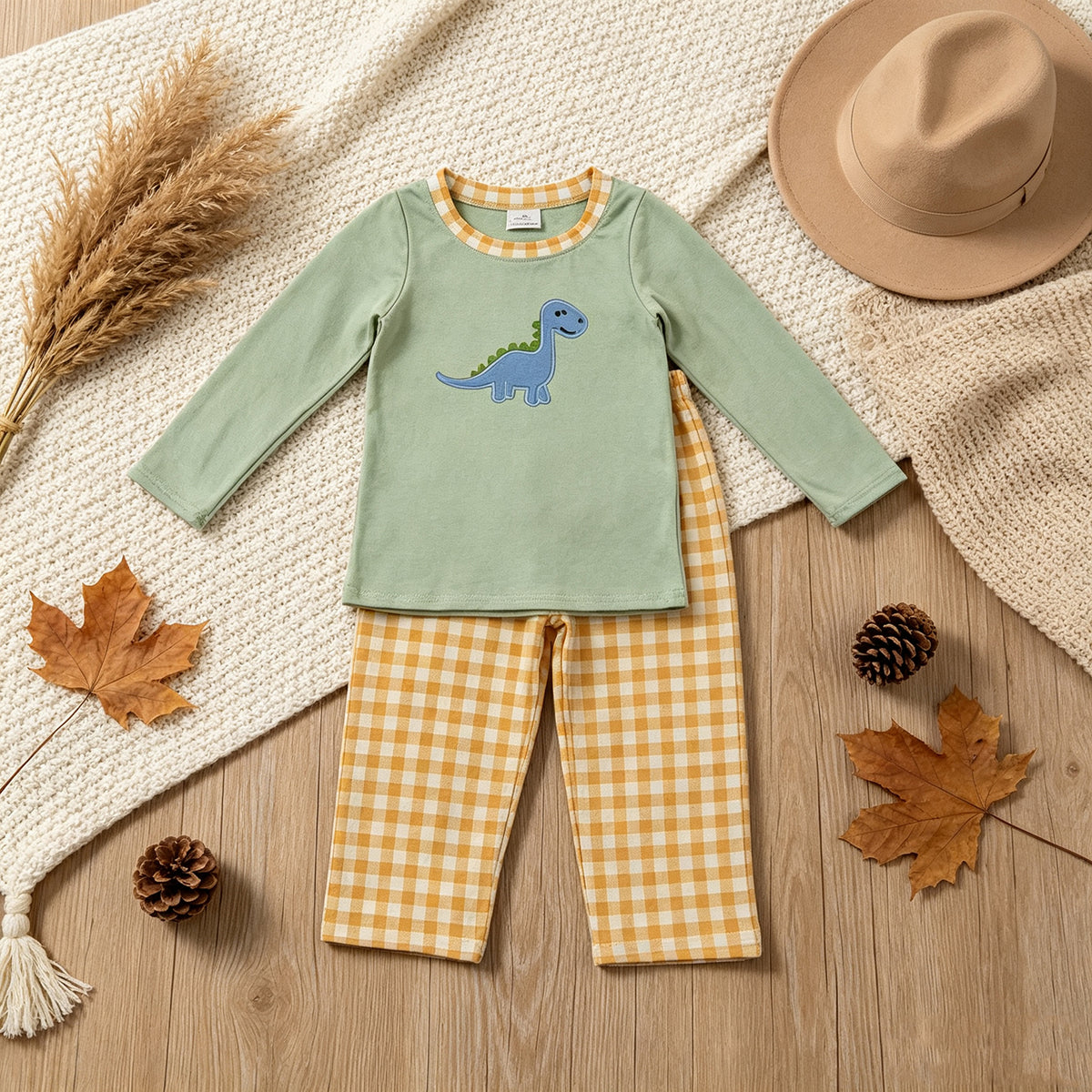 RTS NO MOQ （In stock）BLP1515 milk silk BLP1513 Embroidery Pumpkin Dinosaurs Baby Boys Top Checked Pants Fall Clothes Set