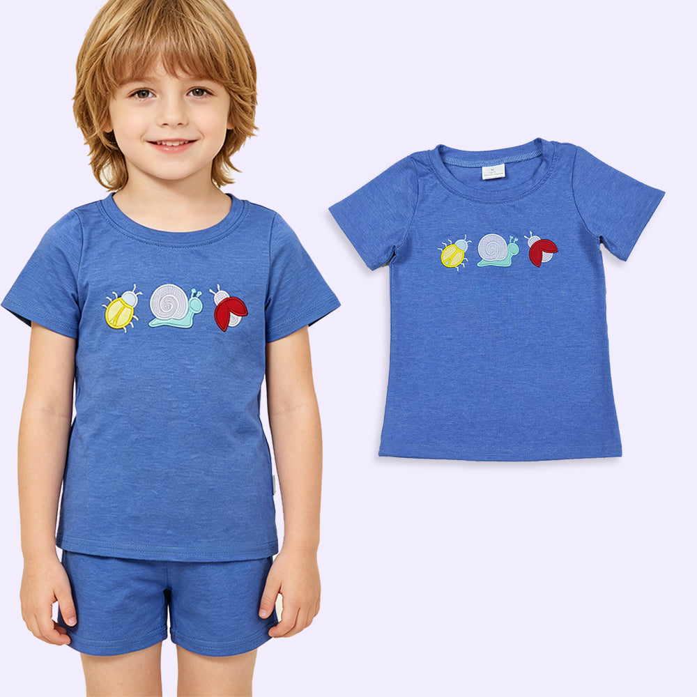 BT1725 RTS NO MOQ （In stock ）Blue cotton short sleeves snail embroidery boys shirt