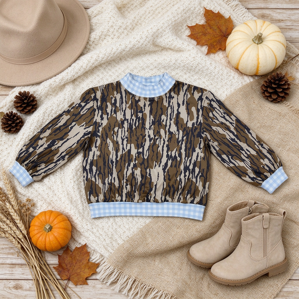 RTS NO MOQ （In stock）milk silk BT1910 High Neck Baby Boys Long Sleeve Camo T‑shirts Casual Top