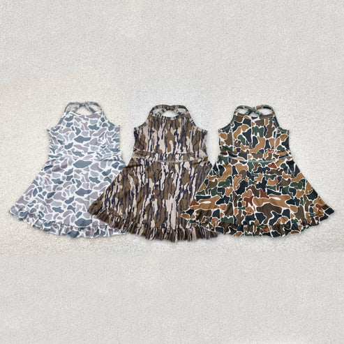 11.11 RST Sibling Baby Girls Strap Western Camo Print Yoga Activity Wear Ruffle Knee Length Dresses