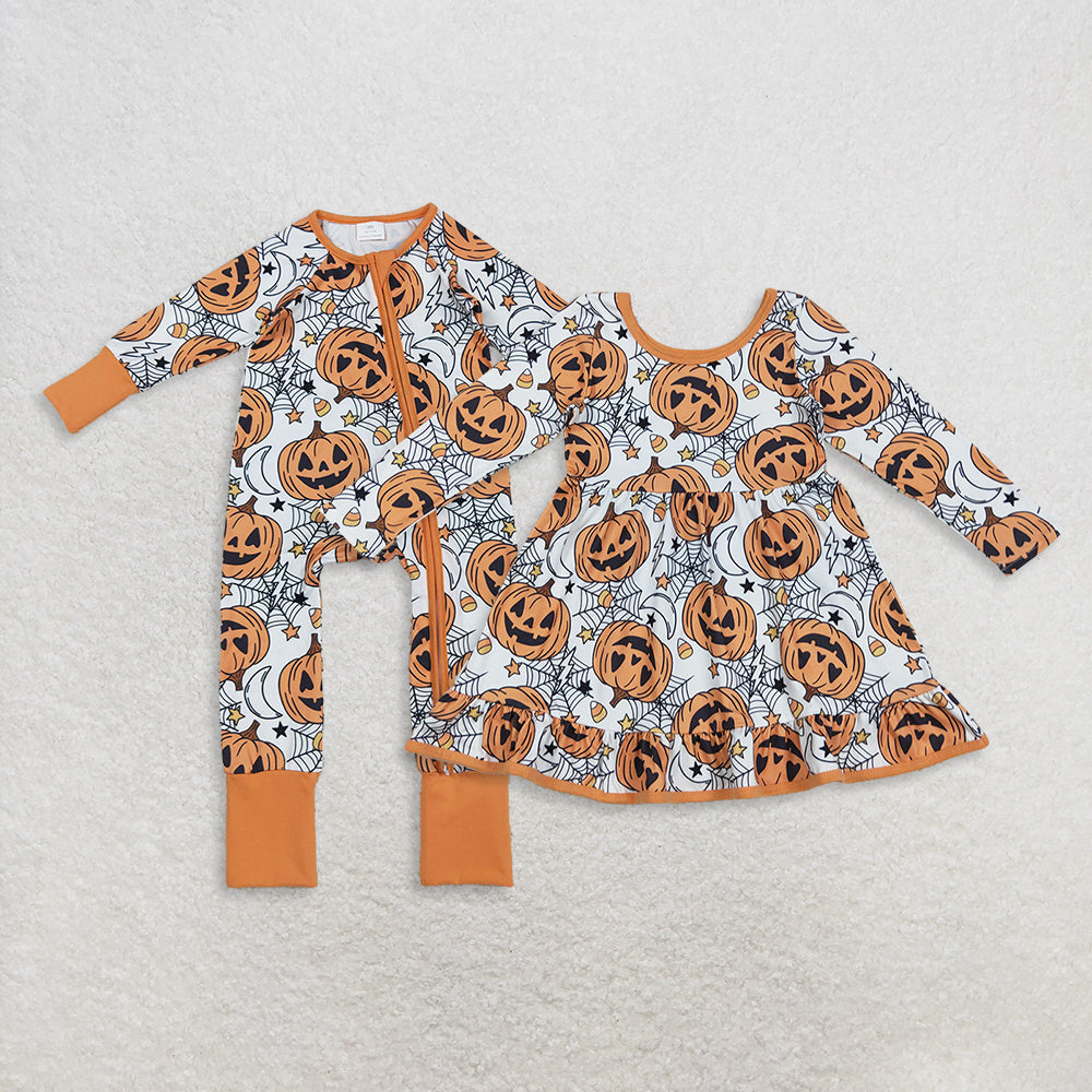 RTS Sibling Baby Girls Halloween Spider Pumpkin Long Sleeve Dress Romper for Girls Cute Costume Outfit
