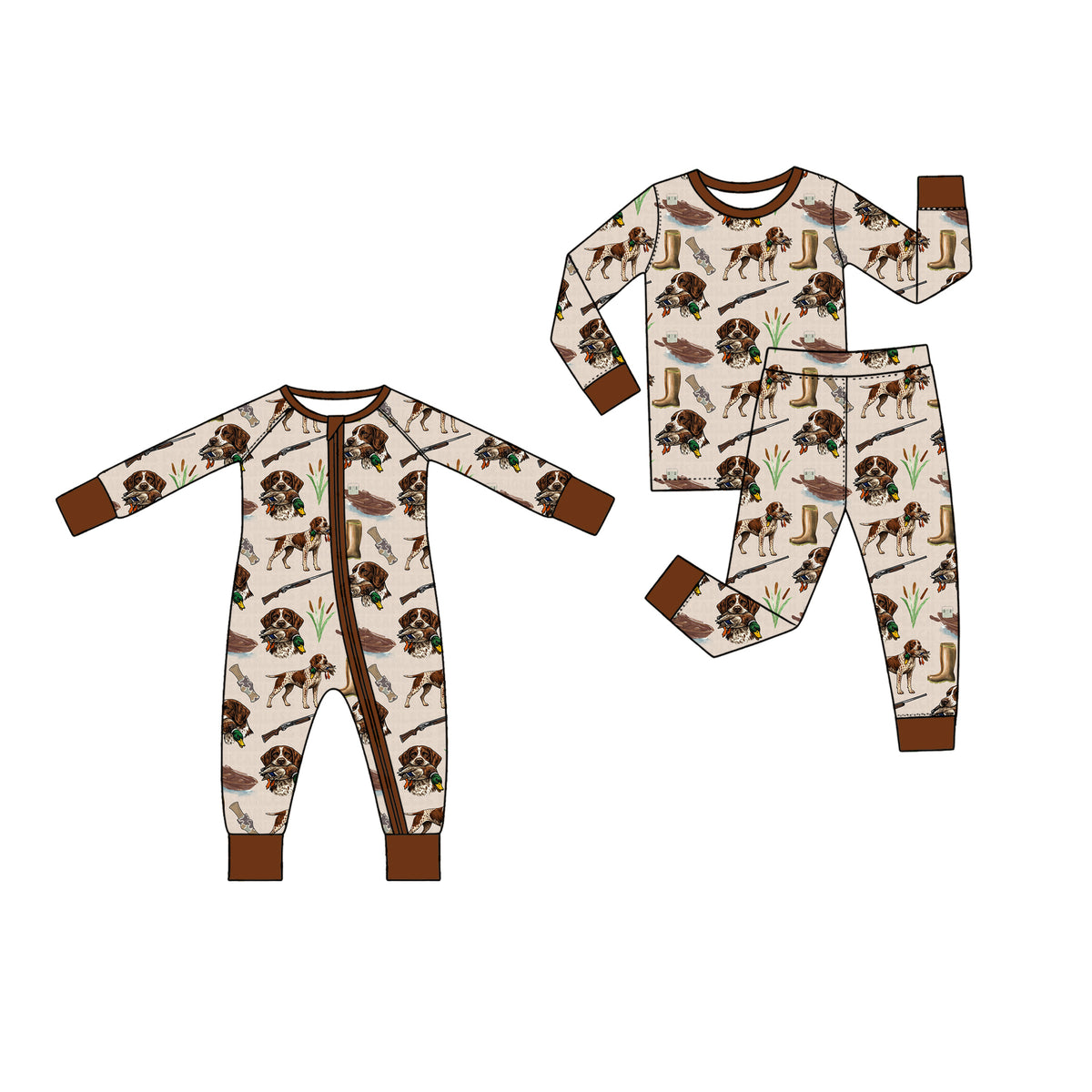(Preorder new) No moq Baby Boys Duck Hunting Dog Long Sleeve Pj Set And Zipper Romper