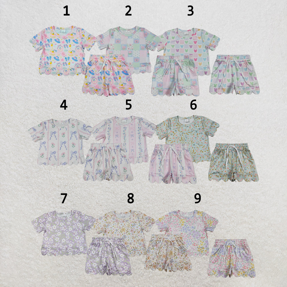 RTS Sibling Baby Girls Colorful Flowers Top Pockets Shorts Scallop Clothes Sets