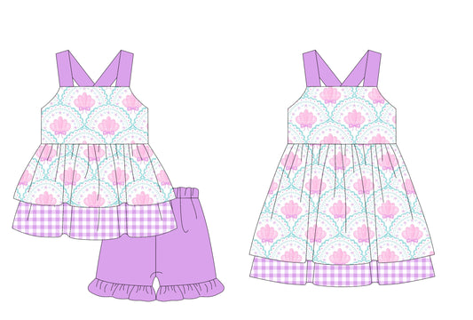 pre order Girls Plaid Ruffle Tunic Straps Shell Shorts Summer Clothing Set Cute Feminine Fashion for Little Girls