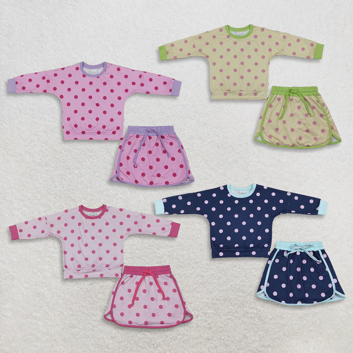 RTS NO MOQ Sibling milk silk Baby Girls Polka Dot Long Sleeve Top Drawstring Skirt Short Set