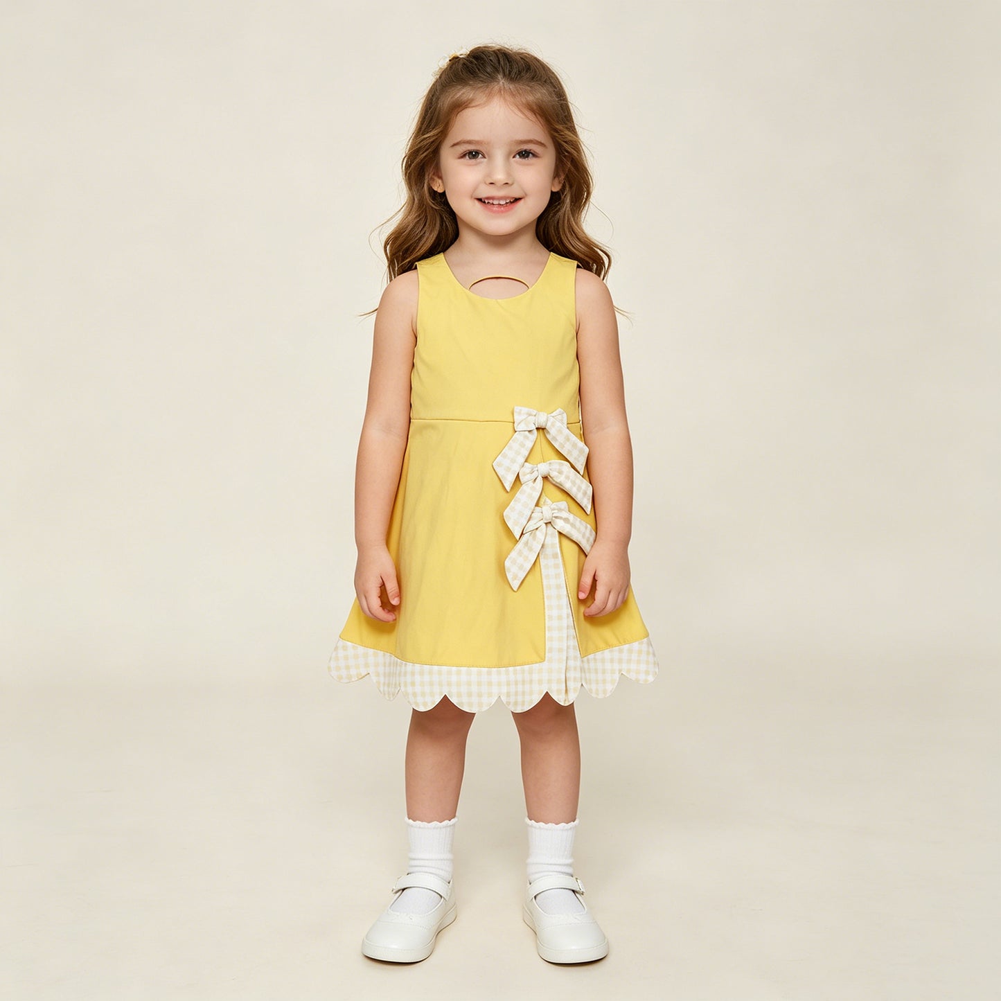 GSD3318 RTS NO MOQ （In stock ）Sleeveless bow yellow scallop girls athletic dress