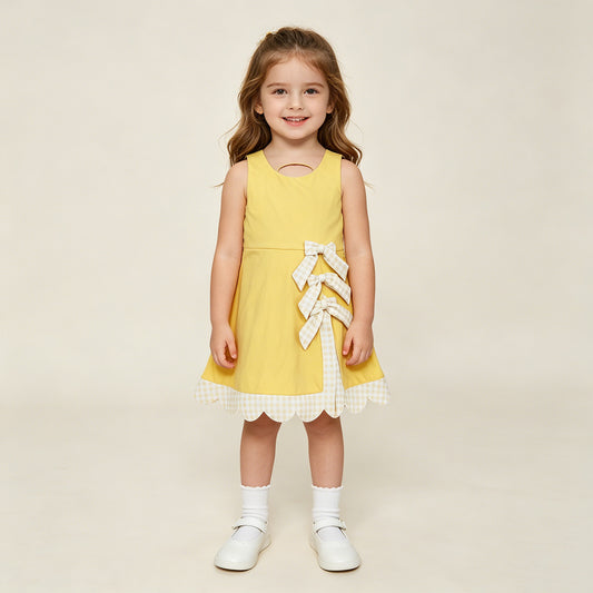 GSD3318 RTS NO MOQ （In stock ）Sleeveless bow yellow scallop girls athletic dress