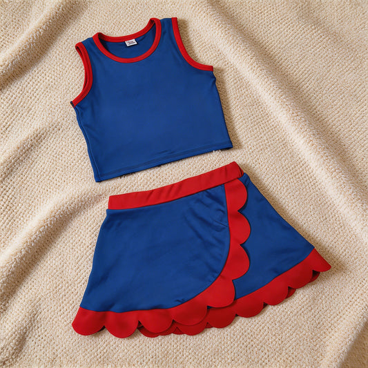 GSD4096 RTS NO MOQ （In stock）Baby Girls Red Navy Vest Top Scallop Skirt Short Yoga Active Clothes Set