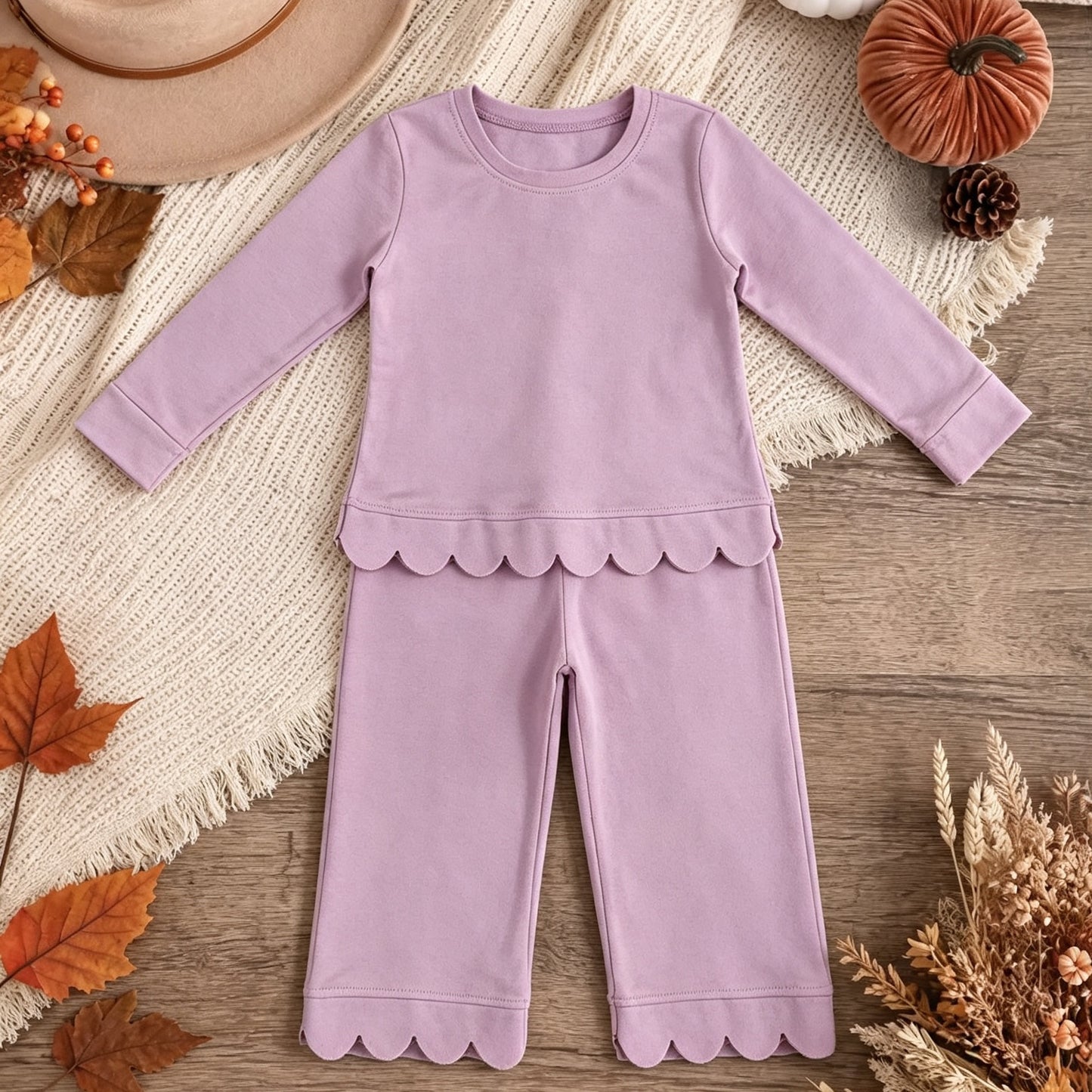 GLP3289 RTS NO MOQ （In stock）Cotton long sleeves scallop girls fall pajamas set