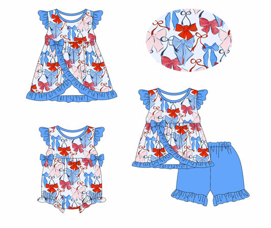 Girls Red Blue Bow Tunic Shorts Outfit with Flutter Sleeves for 4th of July Independence Day Celebration