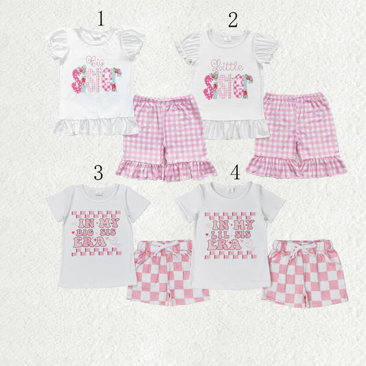 10.4 RTS Sibling Baby Girls Little Big Sister Tee Shirts Ruffle Plaid Shorts Clothes Sets
