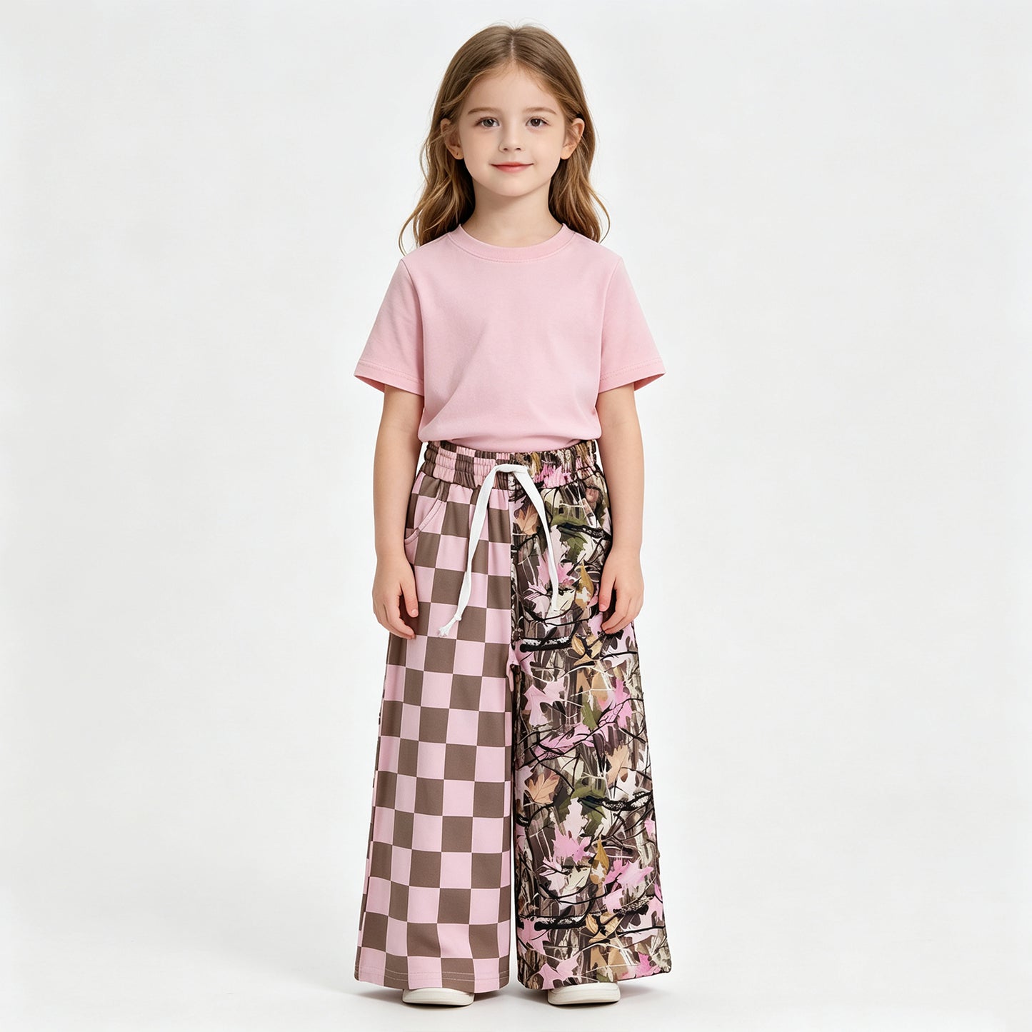 RTS NO MOQ （In stock）P1093 Baby Girls Pink Checked Leaves Pockets Flare Pants Bottom