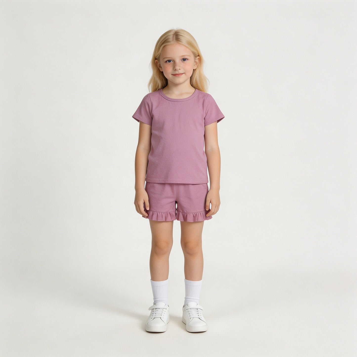 GSSO3348 RTS NO MOQ （In stock ）Short sleeves peach cotton top ruffle shorts girls outfits