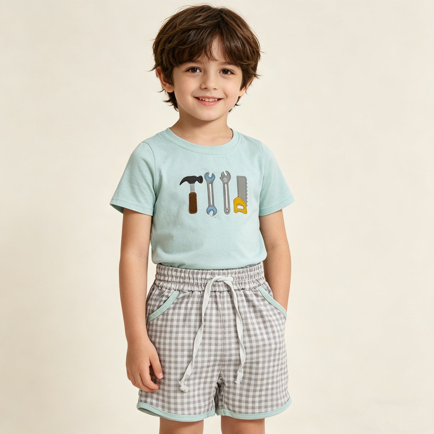 BSSO1666 RTS NO MOQ （In stock ）Short sleeves tools embroidery kids boys summer outfits
