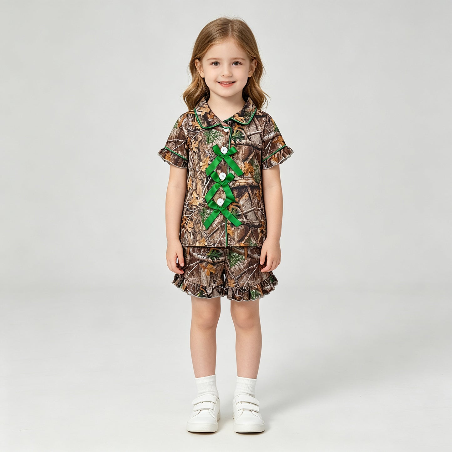GSSO3365 RTS NO MOQ （In stock）Short sleeves green bow camo girls button down pajamas set