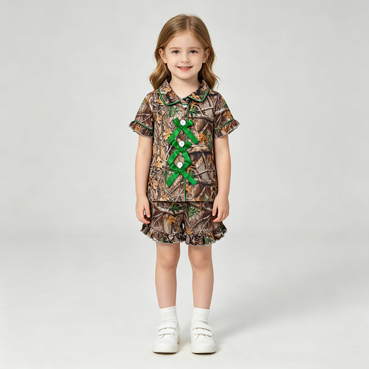 GSSO3365 RTS NO MOQ （In stock）Short sleeves green bow camo girls button down pajamas set