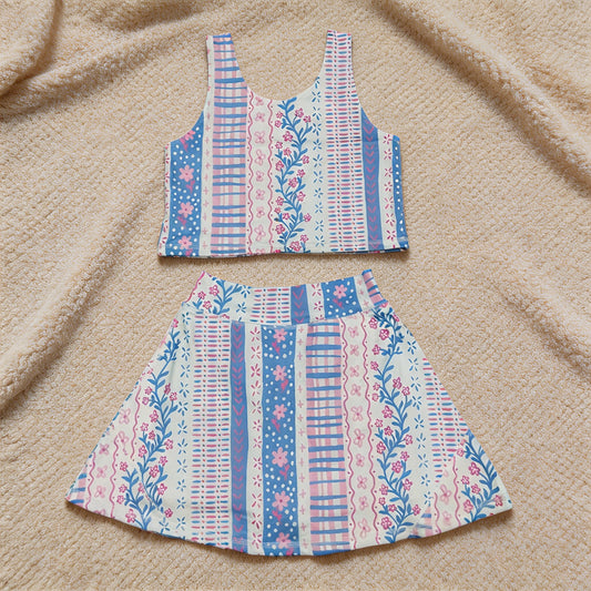 GSD1995 RTS NO MOQ （In stock）Sleeveless pink blue floral top skirt girls activewear set