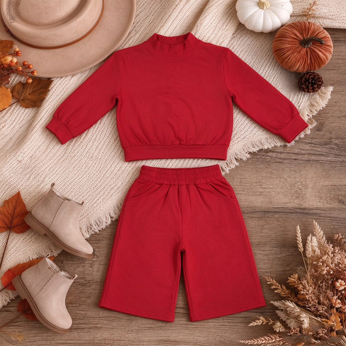 RTS NO MOQ （In stock）cotton GLP3412 Baby Girls Red Pocket Long Sleeve Top Flare Pants Casual Sleepwear Set