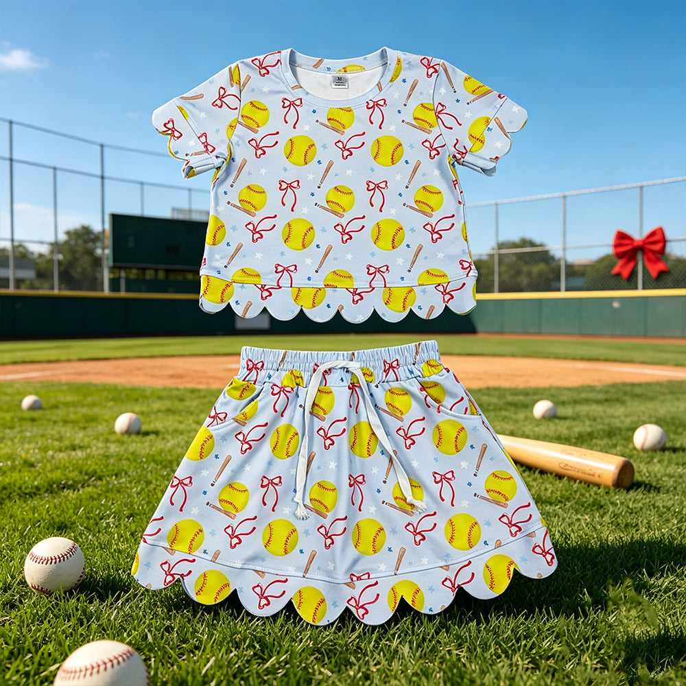GSD3655 RTS NO MOQ （In stock ）Short sleeves softball bow scallop top skirt girls active outfit