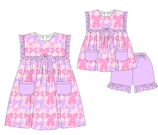 4.24 Pre order Baby Girls Lavender Ruffle Pockets Floral Bow Clothing Set Cute Outfit with Pockets for Little Ones
