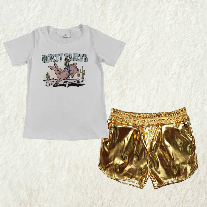 New Rts No Moq 8-9 Days By Air Arrived it Baby Boys White Easter Bunny Short Sleeve Top with Yellow Leather Shorts - Summer Outfit for Infants Hot Sale