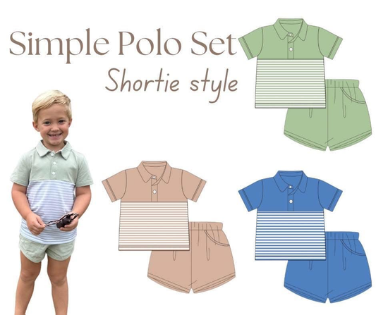 Boys Green Short Sleeve Stripe Polo Top with Shorts Set - Casual Comfortable Children's Outfit